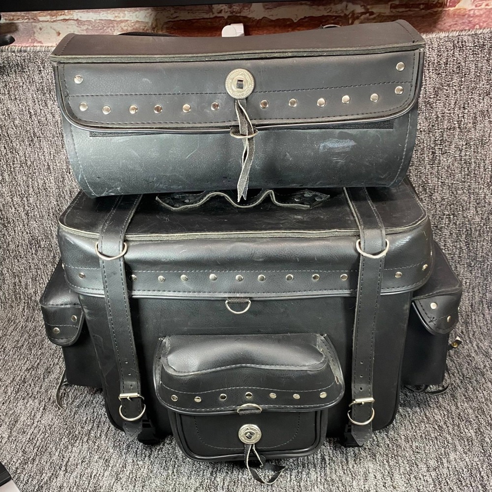 VTG Motorcycle Leatherette Sissy Bar Bag Luggage Set Studded Trunk Tool Roll
